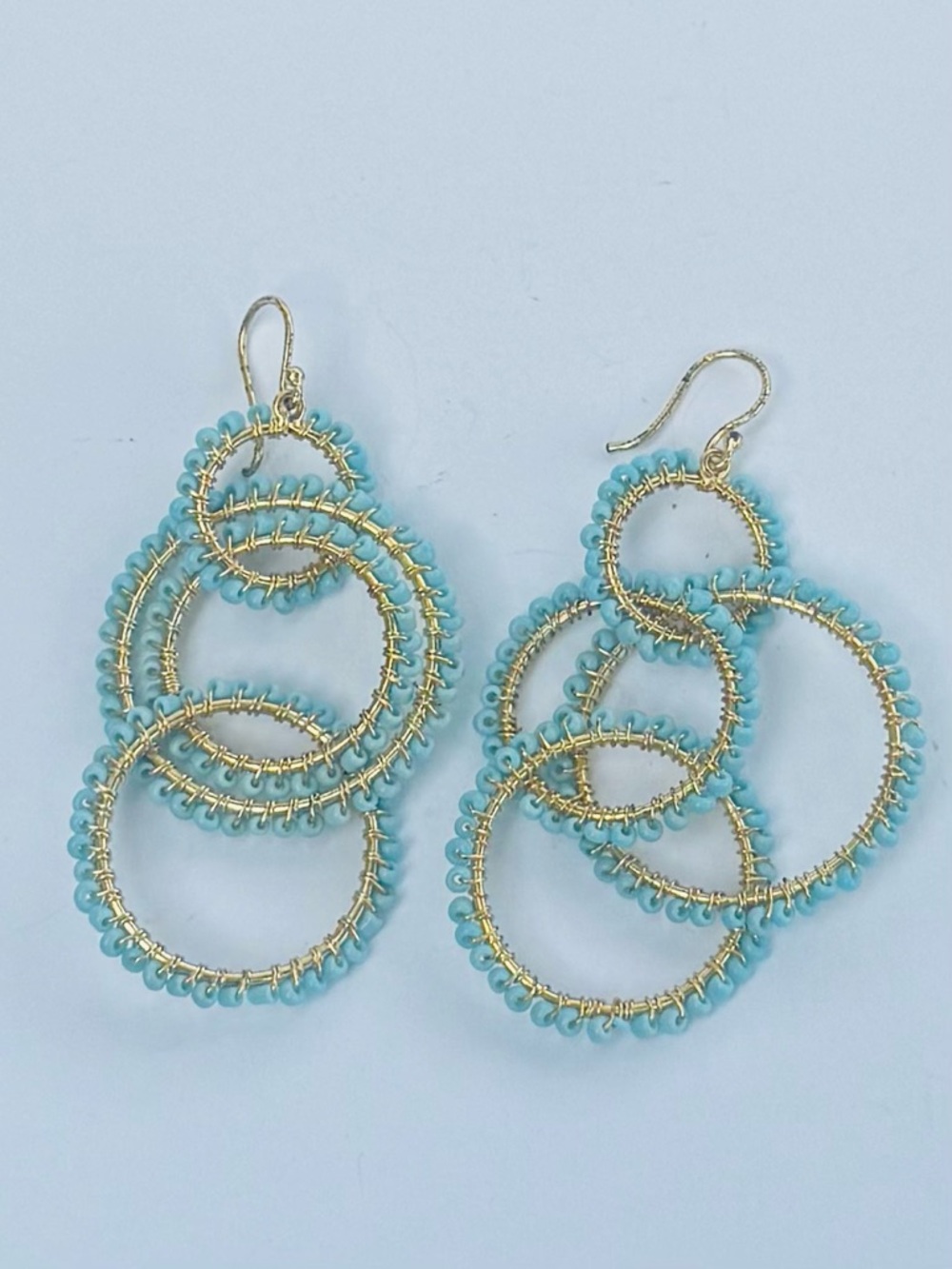 Gold Triple Hoop Earrings with Aqua Beads